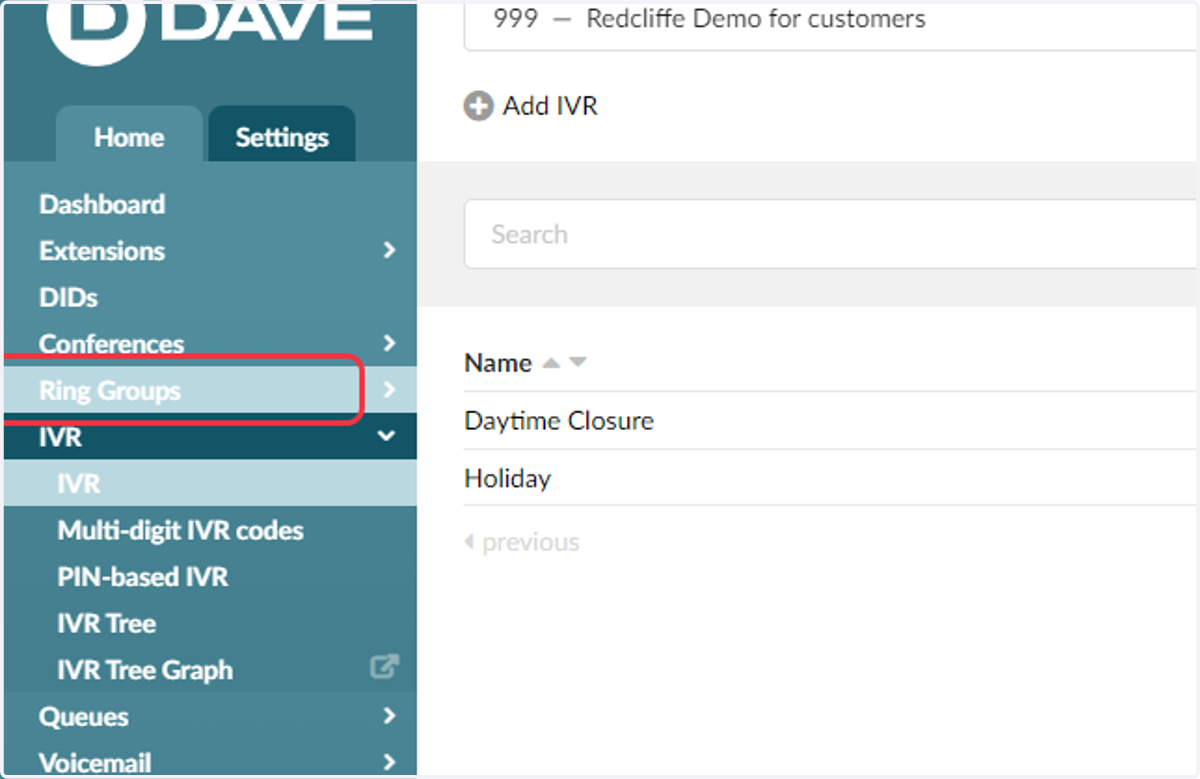 Click on Ring Groups