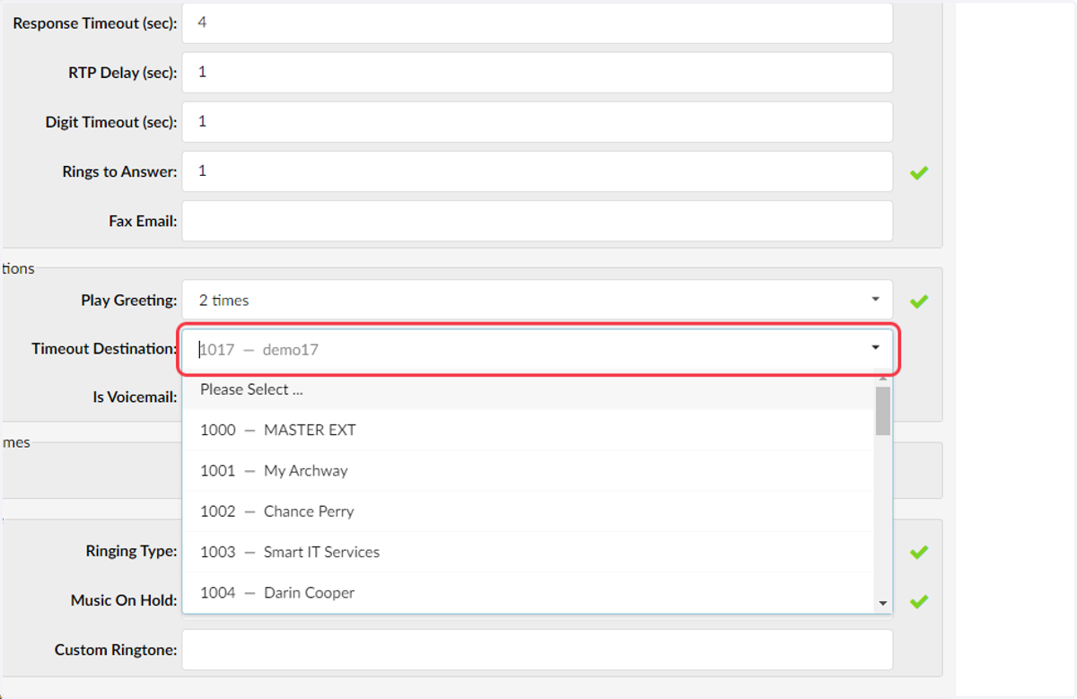 Select the Time Out Destination dropdown