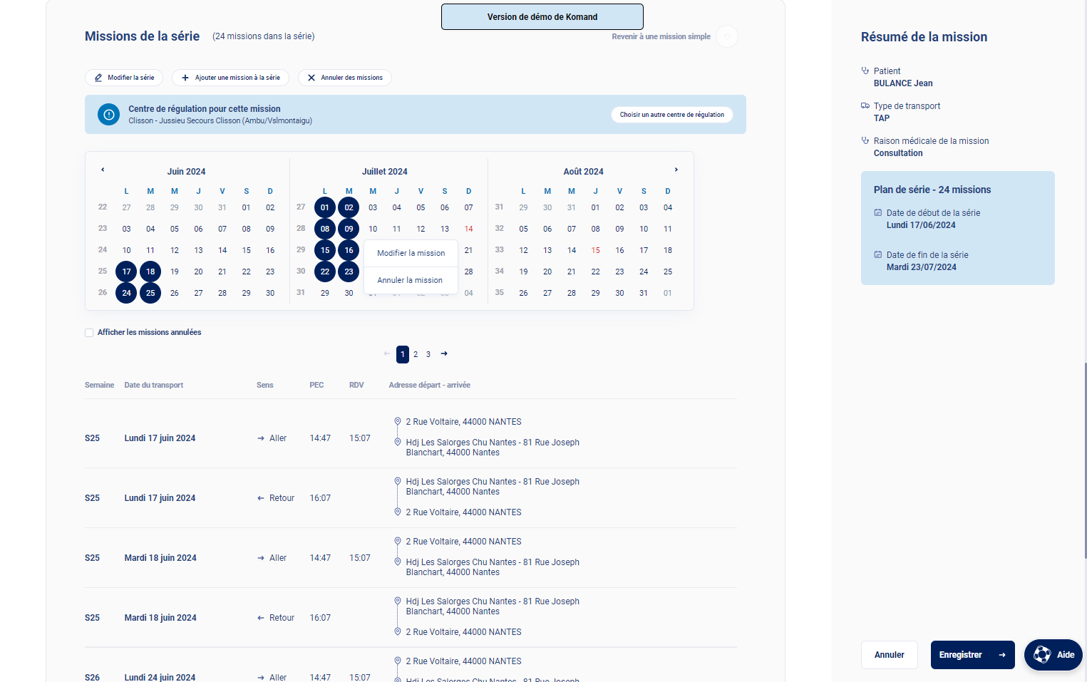 En cliquant sur une date du calendrier vous pouvez modifier ou annuler les missions de cette date