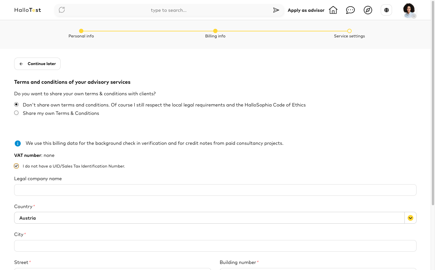Please provide your billing information so that automated invoices can be generated.