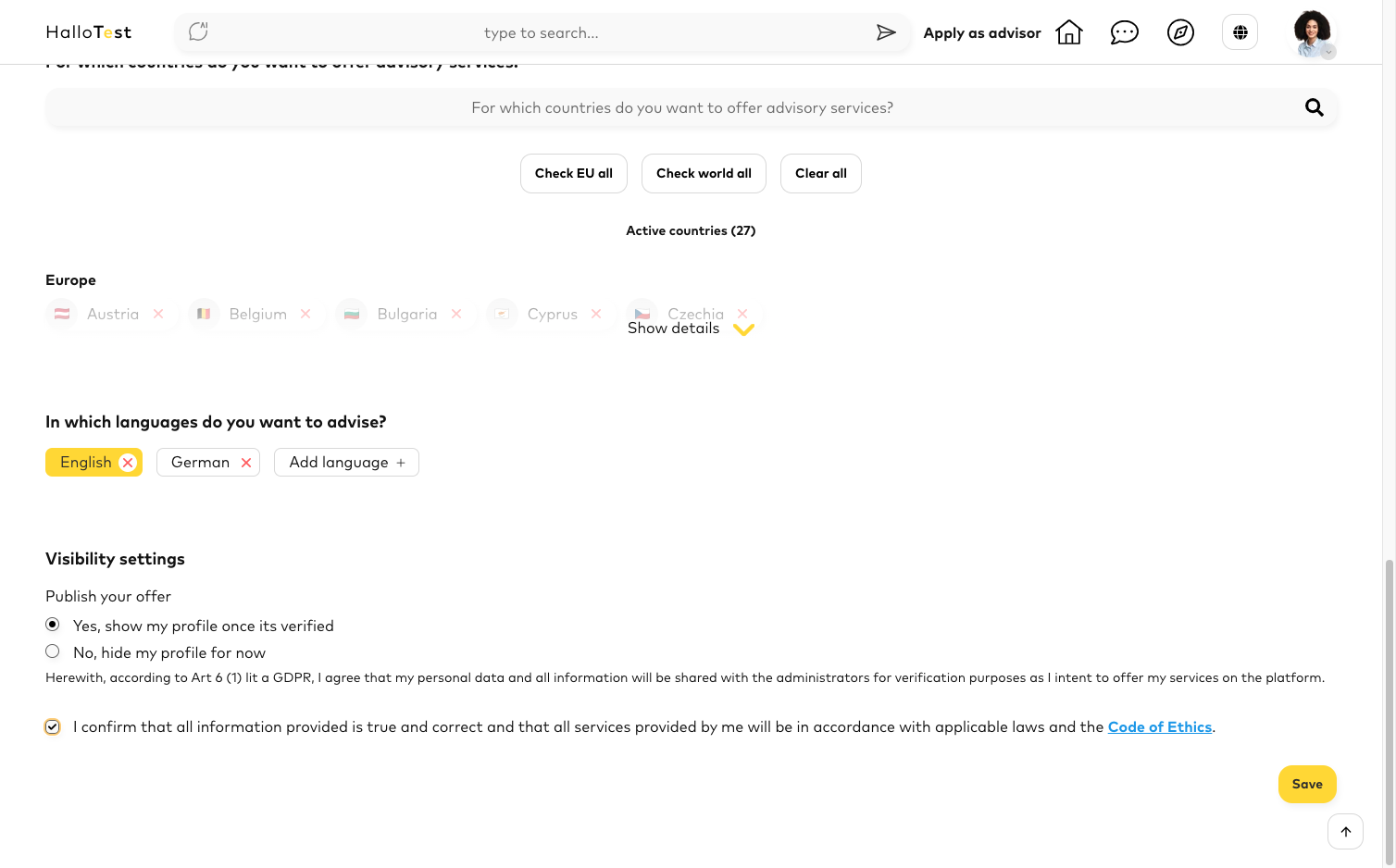 Finally, review and confirm the accuracy and legal compliance of your information as per the Code of Ethics.