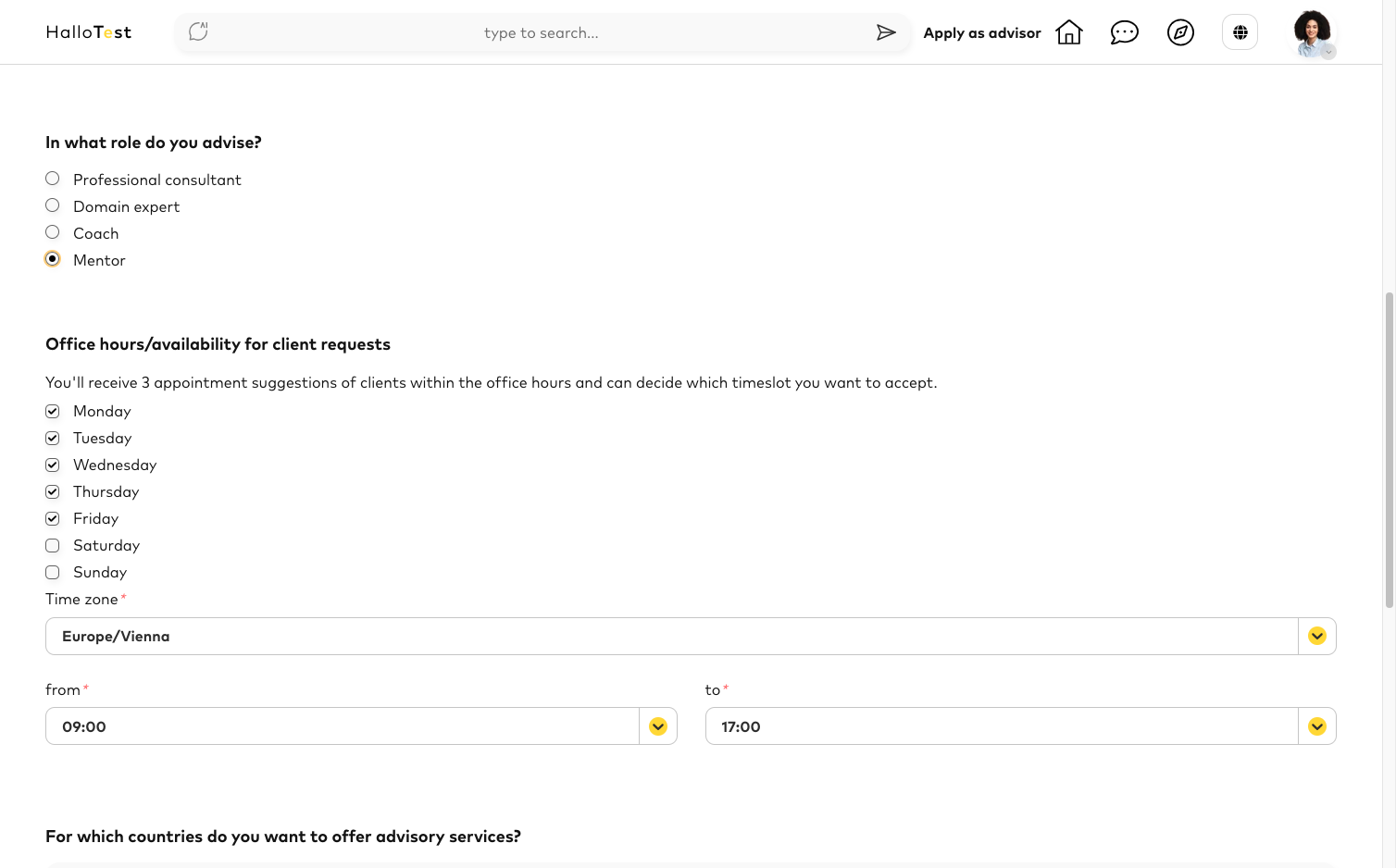 Please specify the times, countries, and languages in which you provide consultations. Pro Tip: Select 'Check EU all' to make your services visible and bookable across the EU.