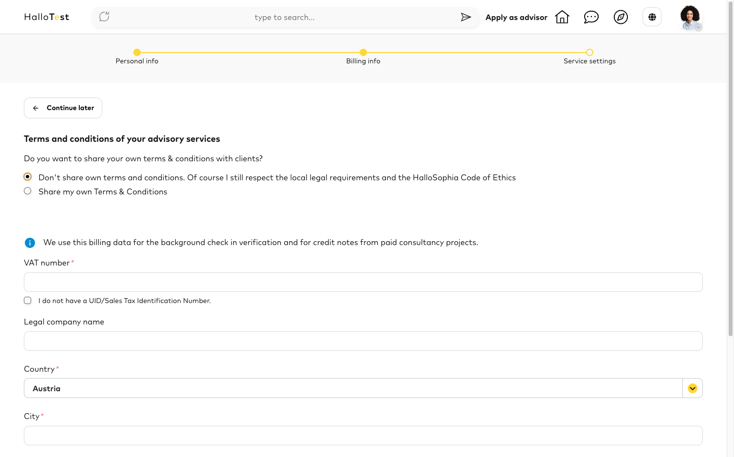 In the next step, decide whether you want to upload your own terms and conditions or use those provided by HalloSophia.