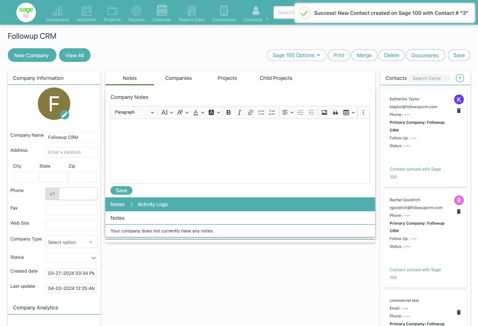 Click on Success! New Contact created on Sage 100 with Contact # “3”
