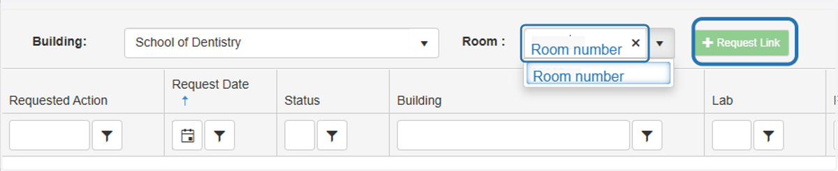In the "Room" field, you can type the room number you want to add to the account or click the down arrow to browse a list of rooms associated with the selected building. Select 'Request Link'