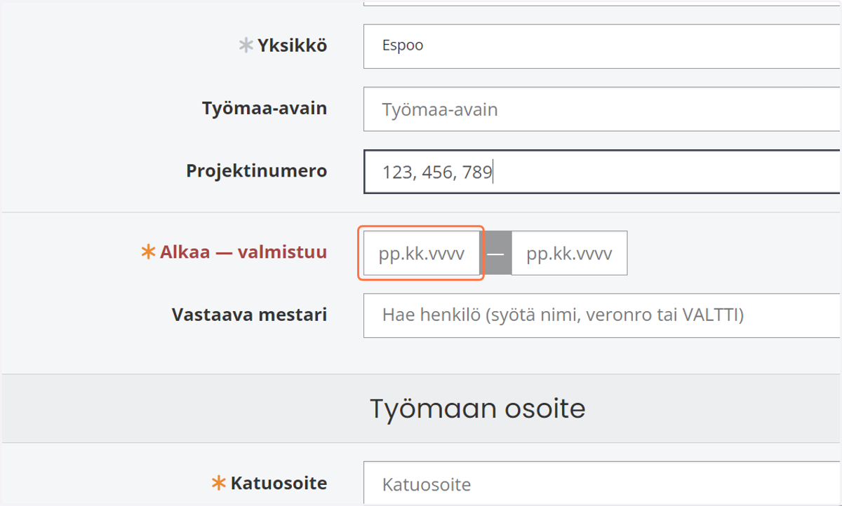 Aseta työmaan aloitus- ja valmistumispäivämäärät