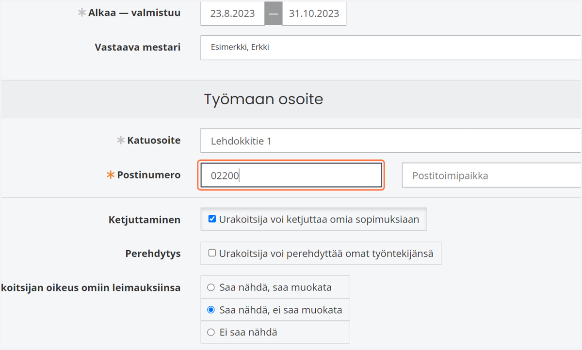 Kirjaa työmaan osoitetiedot