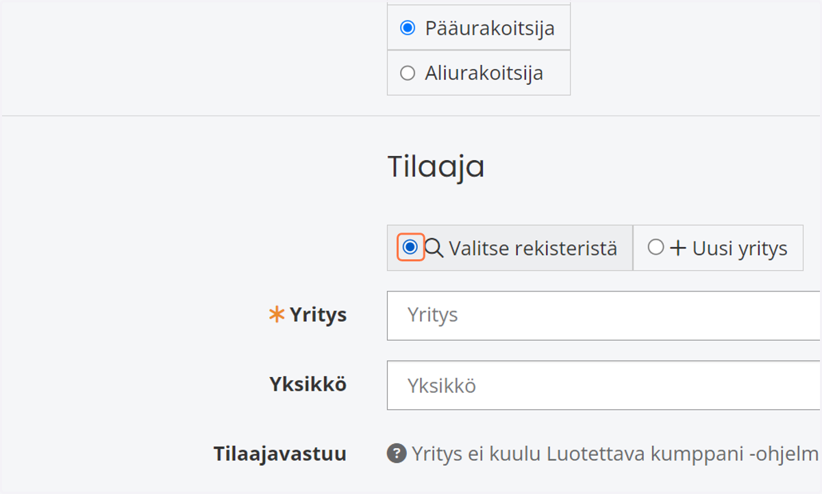 Lisää työmaalle tilaaja joko valitsemalla valmiista listasta tai luomalla uuden yrityksen.