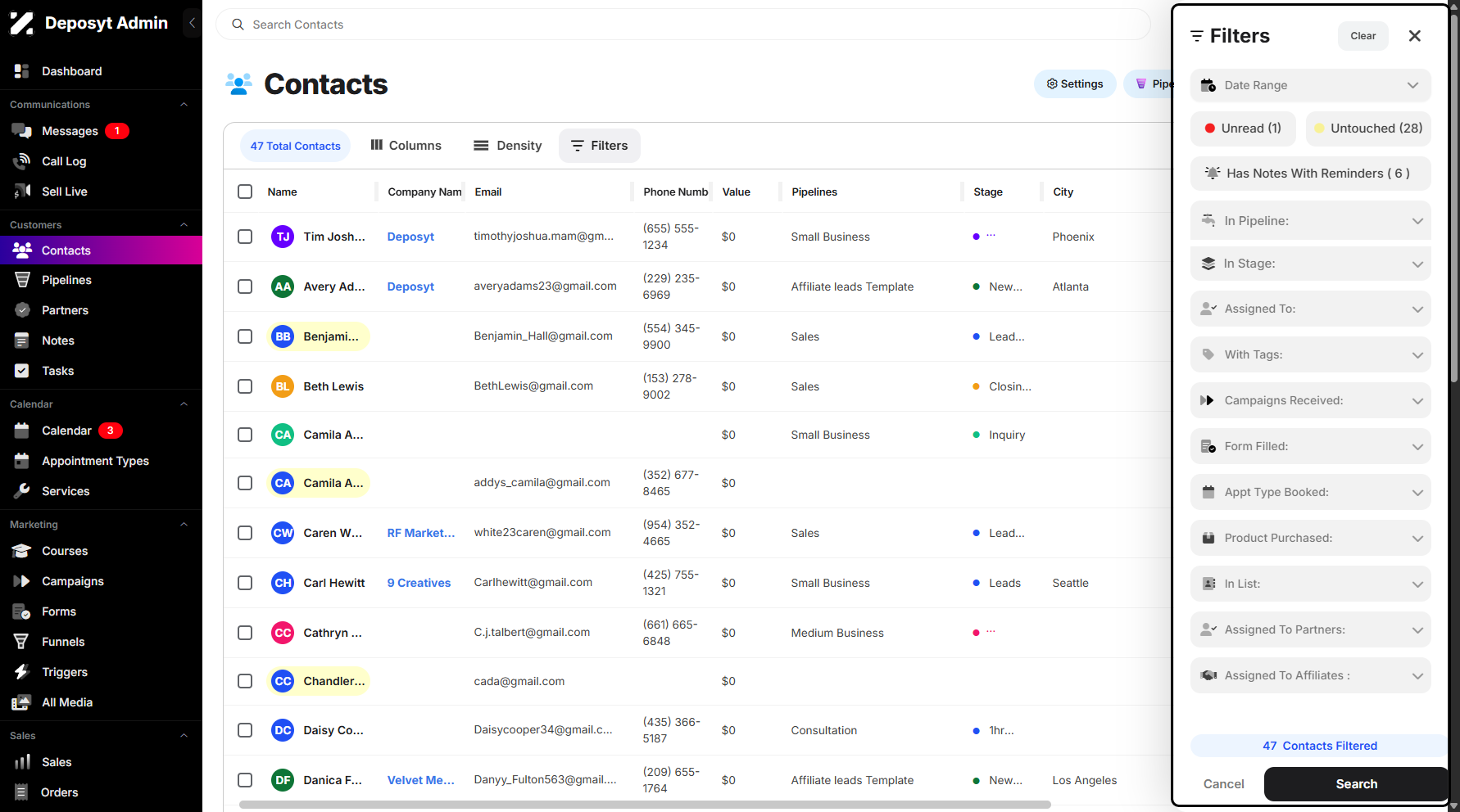 Step 4: A pop-up window will appear, where you can filter contacts by Date Range, Unread, Untouched, Notes with Reminders, Pipeline and Stage, Assigned To, and more. This feature helps you narrow down and view specific contacts based on certain criteria.