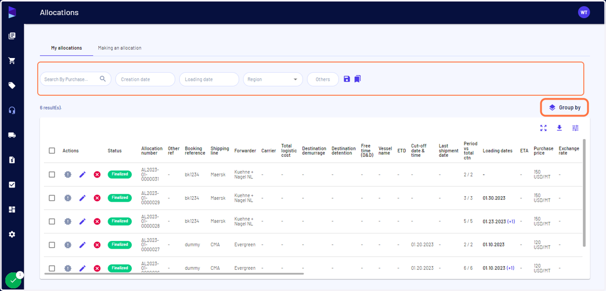 Search for the shipment from which you want to remove containers