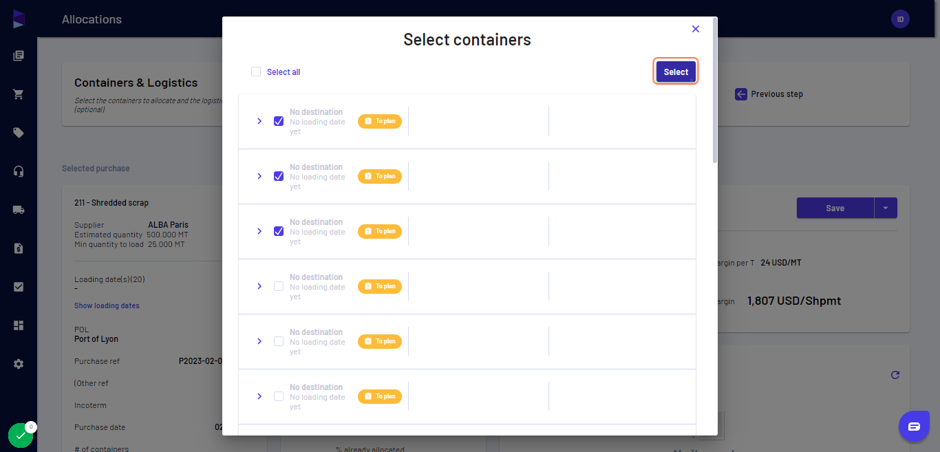 Uncheck the containers you want to cancel/remove and click on "Select"