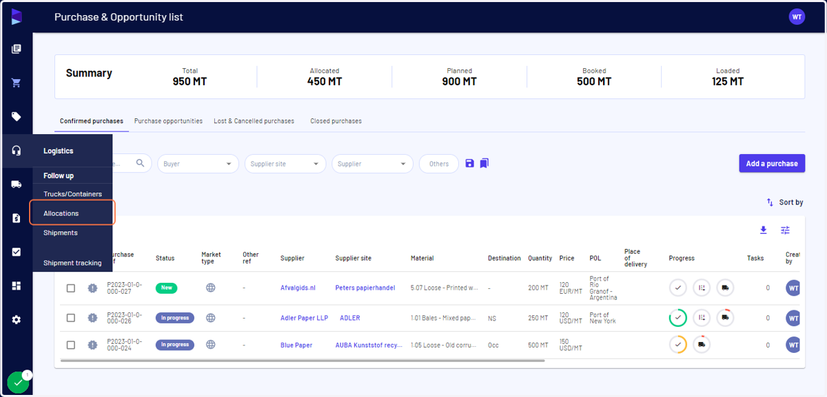 In the "Logistics" menu click on "Allocations"