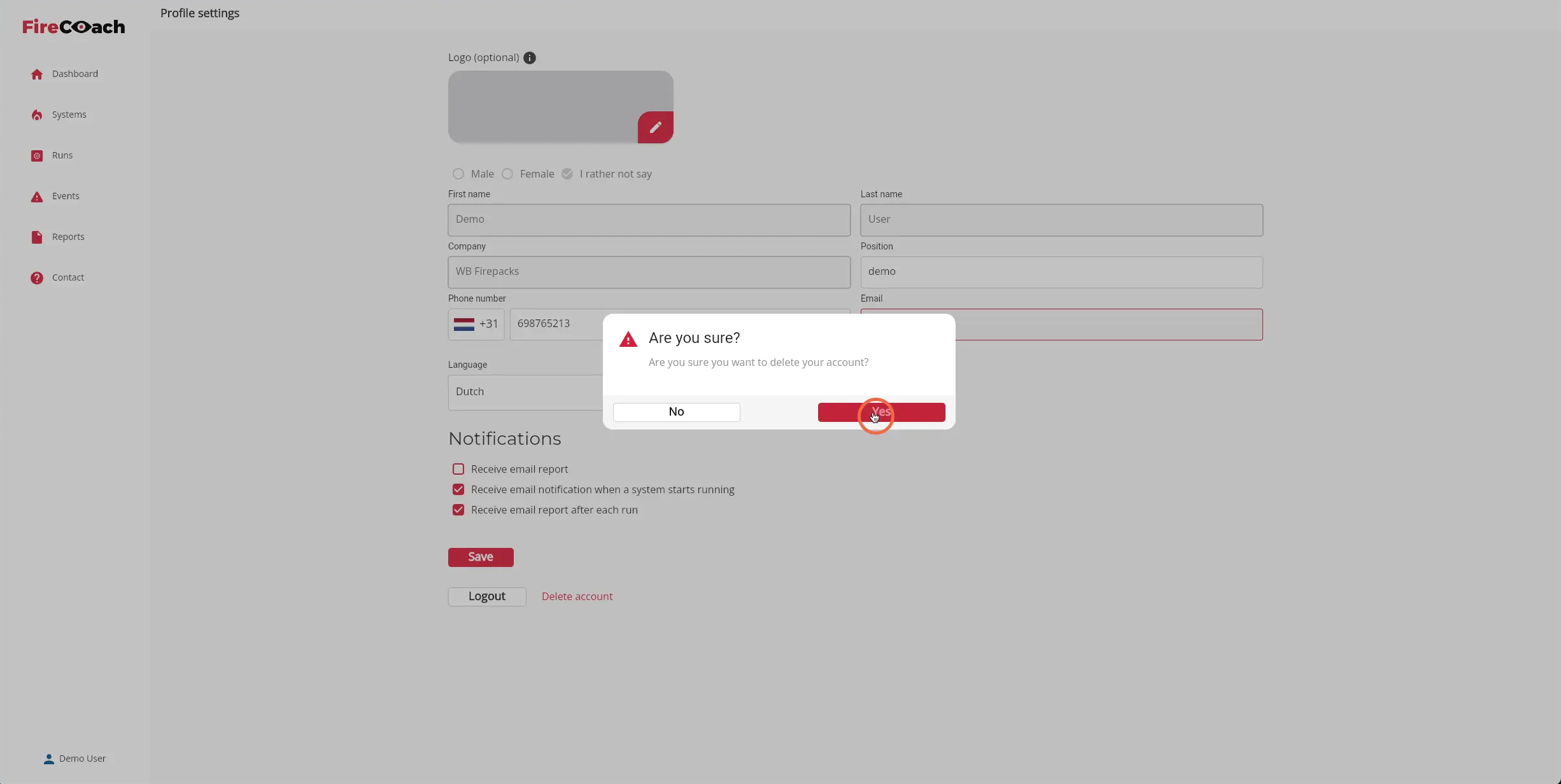 Confirm the deletion of your account by clicking 'Yes'