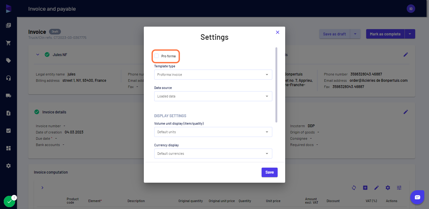 When generating proforma, you can click the proforma invoice and select the template type accordingly