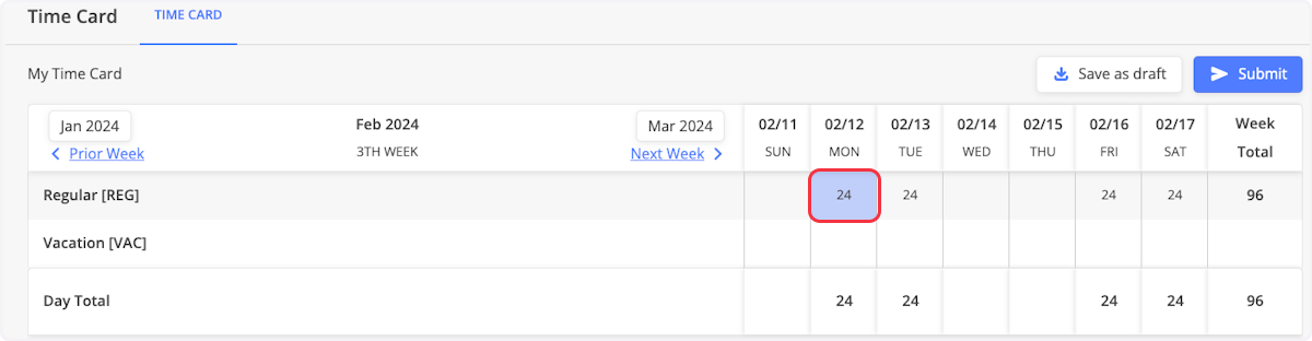 Here we can see the time card for a specific work week. To adjust the hours on a particular day, click the numbers.
