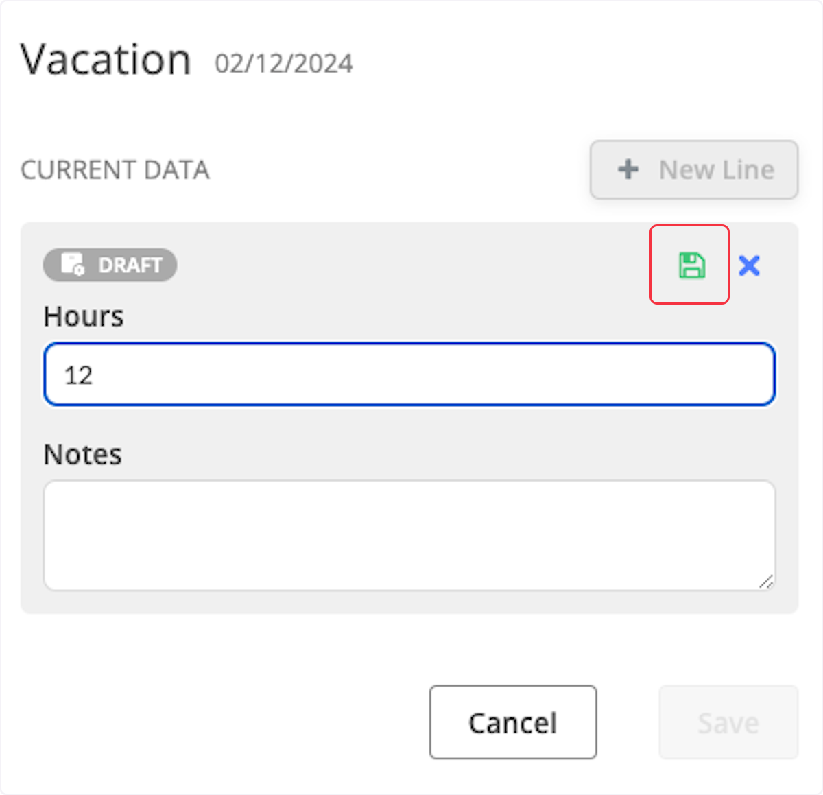Type in the new amount that you want, any notes you want, and click the save icon. 
