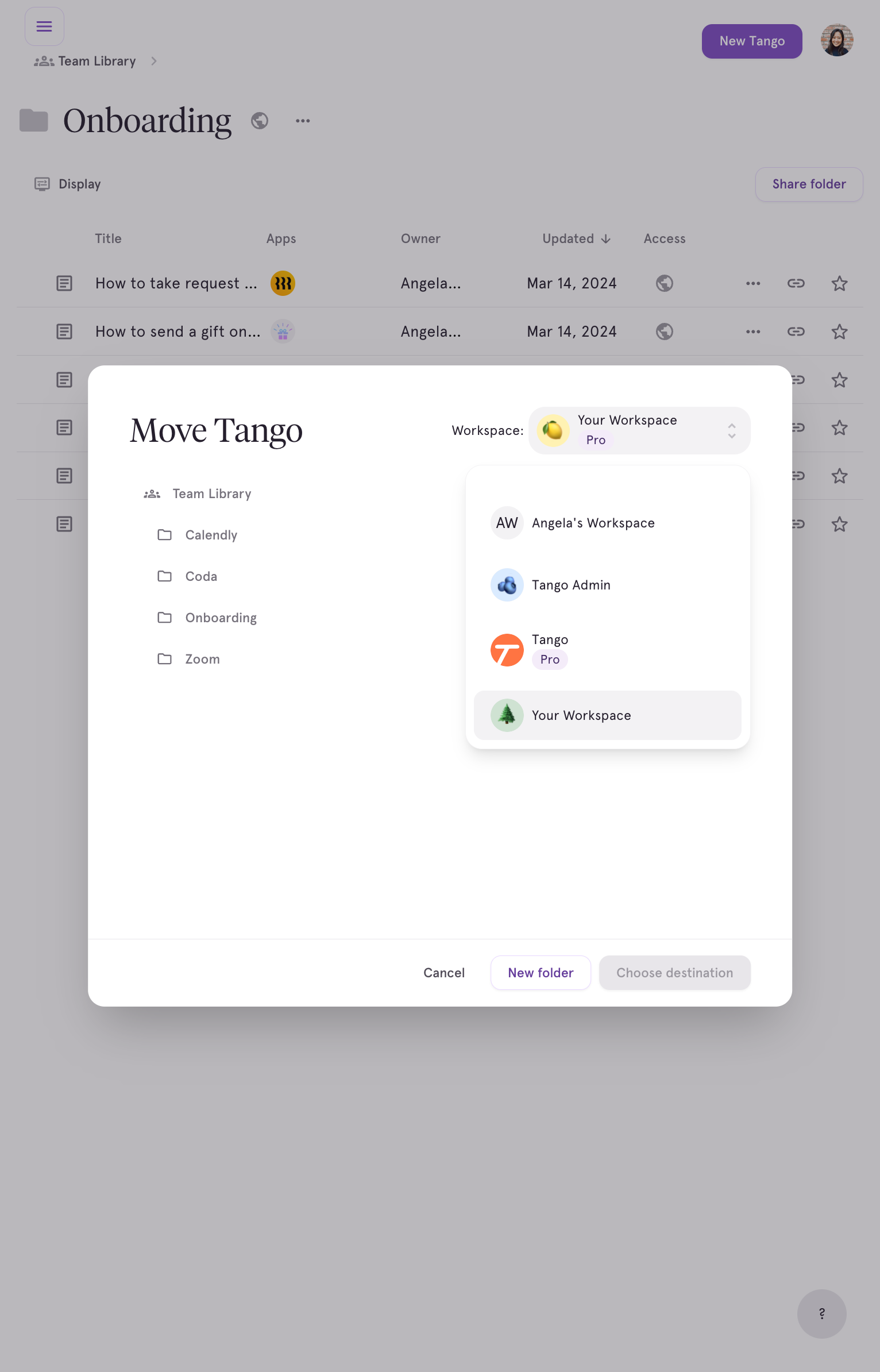 Scroll to find the Workspace you want to move this Tango to