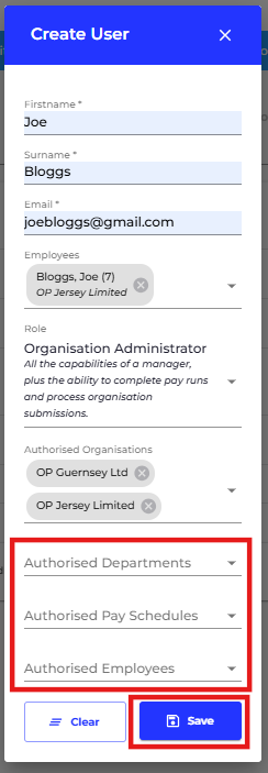 If you would like the user to have access to certain employees, departments or pay schedules, you can specify this in the fields highlighted. Otherwise, please simply press 'Save' to create a new user.