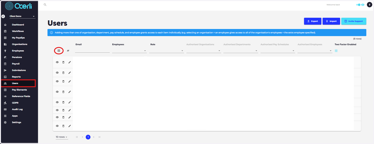 Navigate to the Users screen on the main menu on the left and select the 'Add New Record' icon