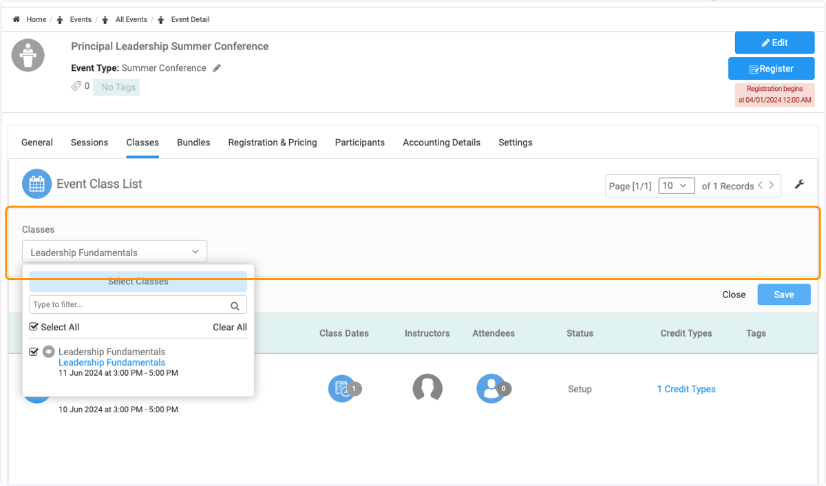 Click on Classes and select from the list