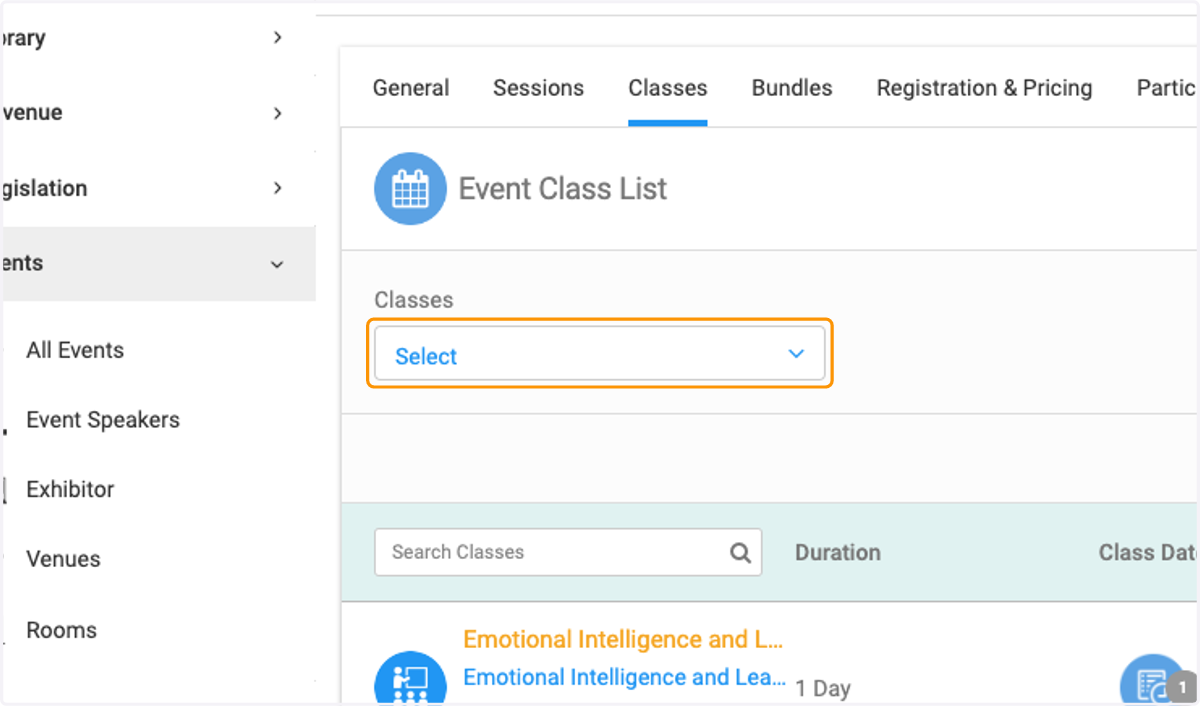 Click on Classes and select from the list