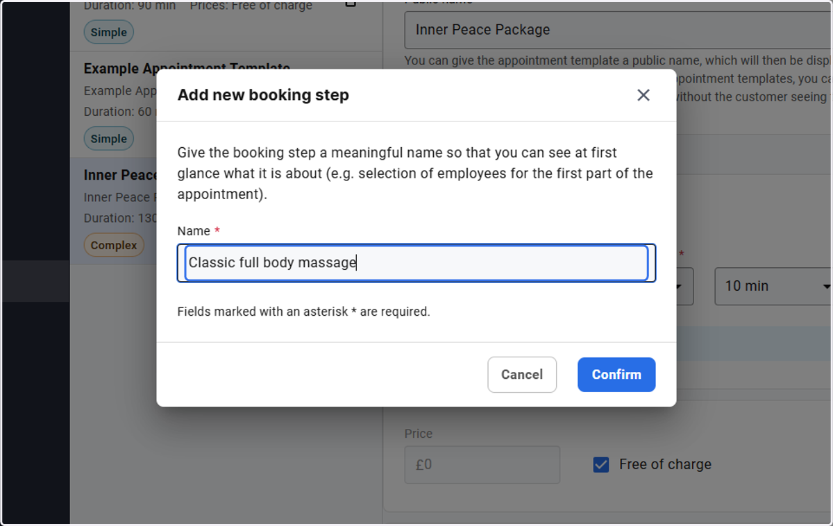 Enter the name of the booking step
