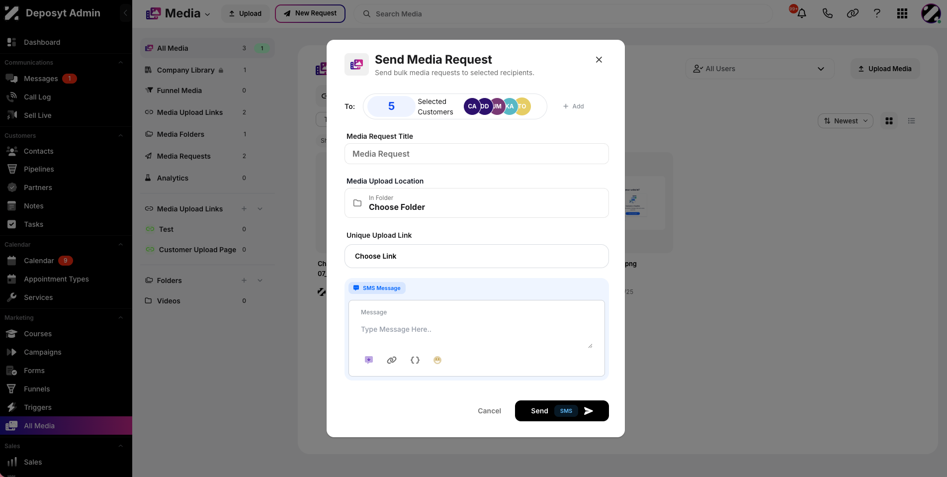 Step 8: You will see the selected customers. Add a request title, choose a media upload location, select a unique upload link, write a custom message, then click Send to submit the media request.