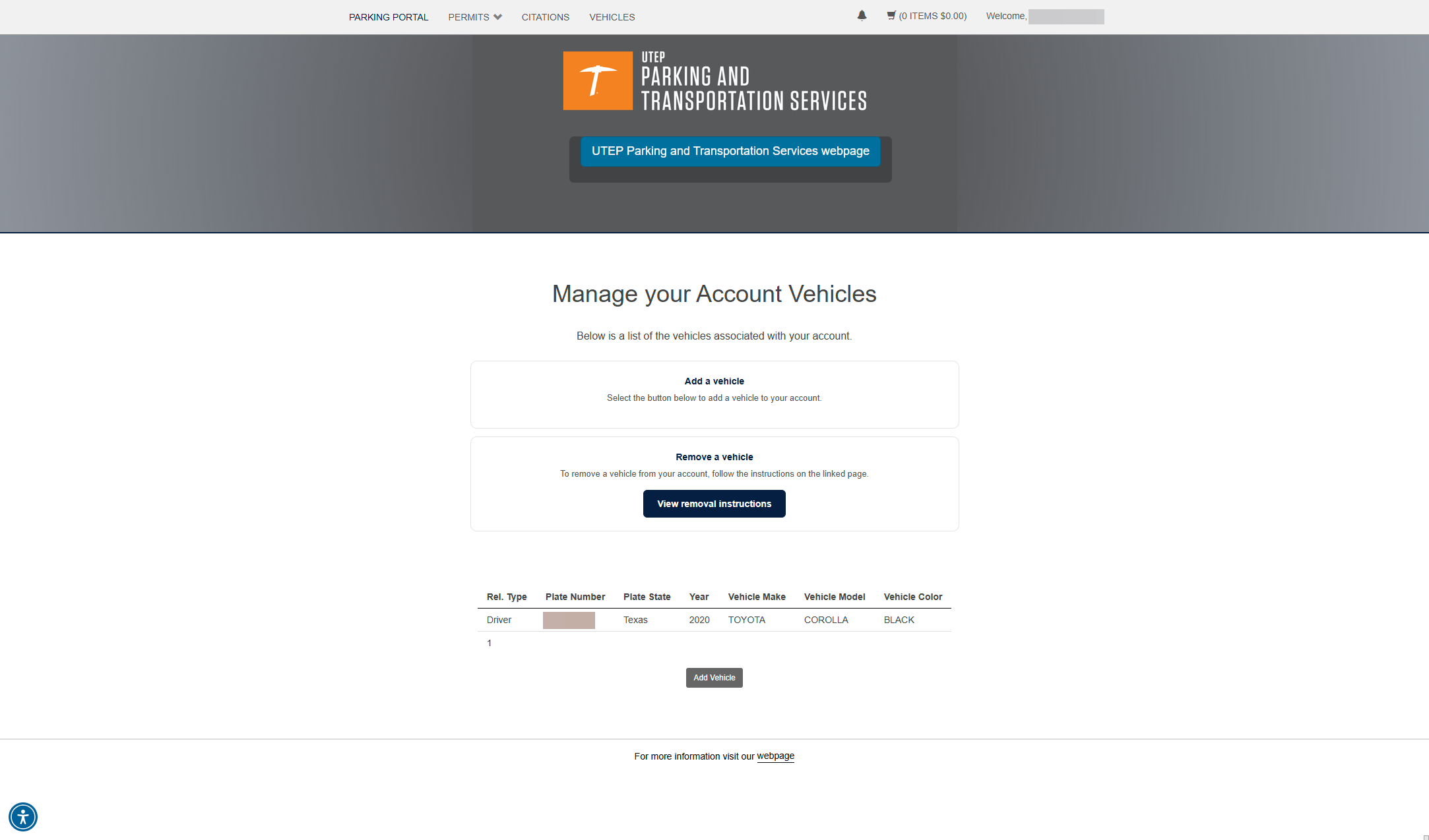 This page is where you can view and modify the vehicles on your account.