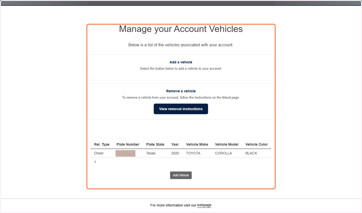 This page is where you can view and modify the vehicles on your account.