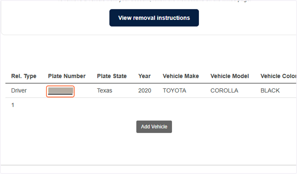 To edit an existing vehicle, click on the Plate Number