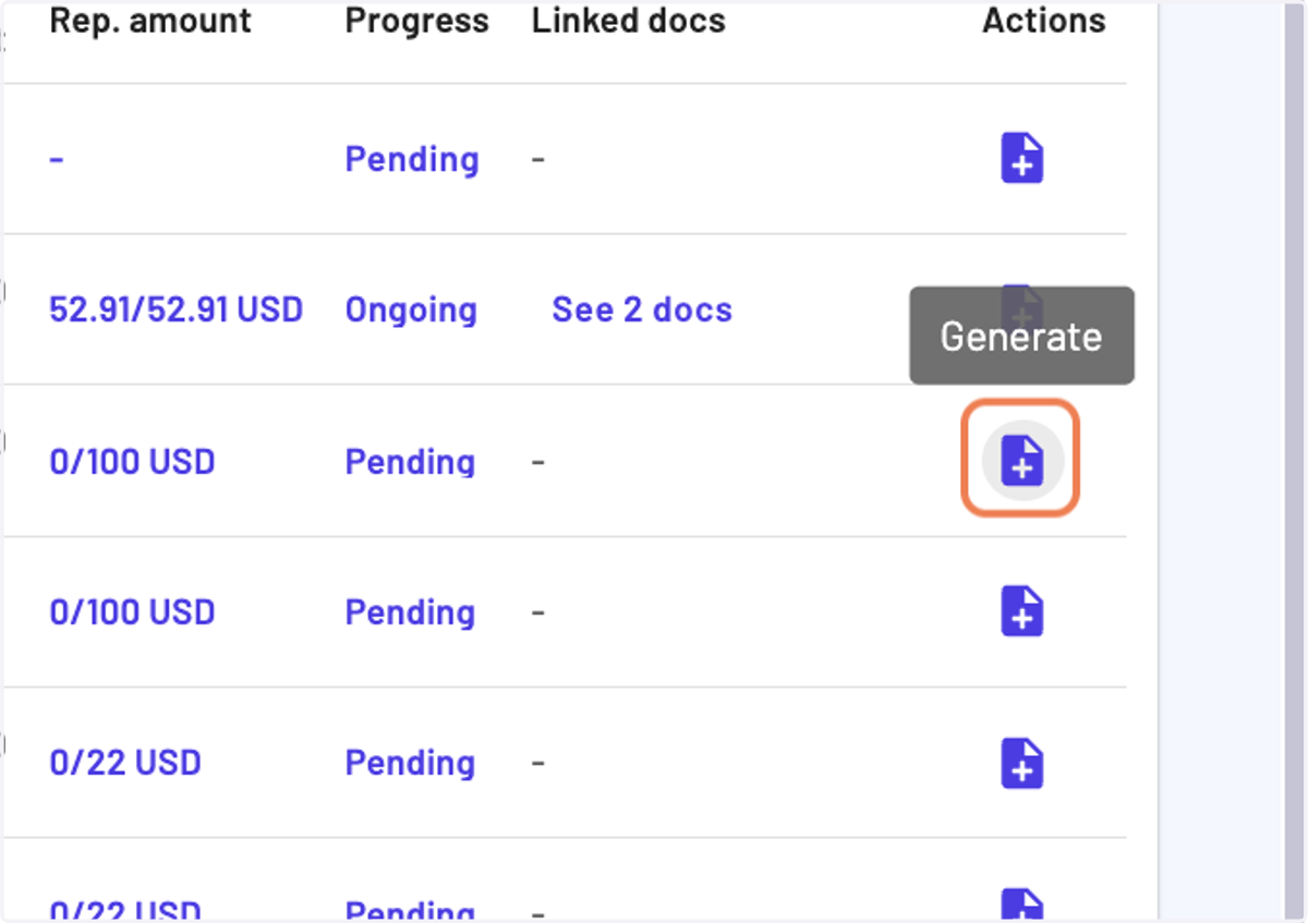 Once you have made your selection, you can either click at the end of a line on the "Generate" button or in the bulk action icons on the "Generate" button