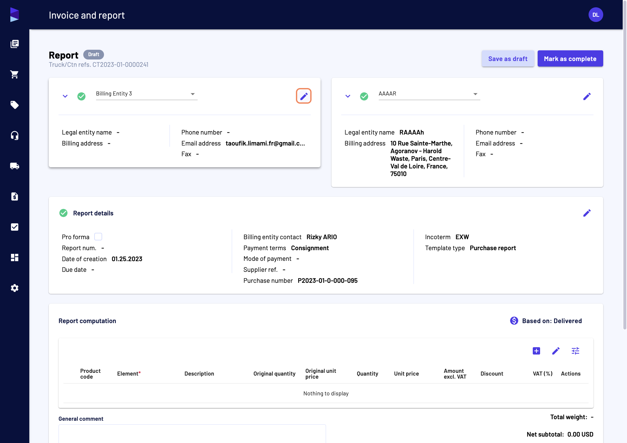 In the supplier payable generator, you can edit the billing entity details and the supplier details