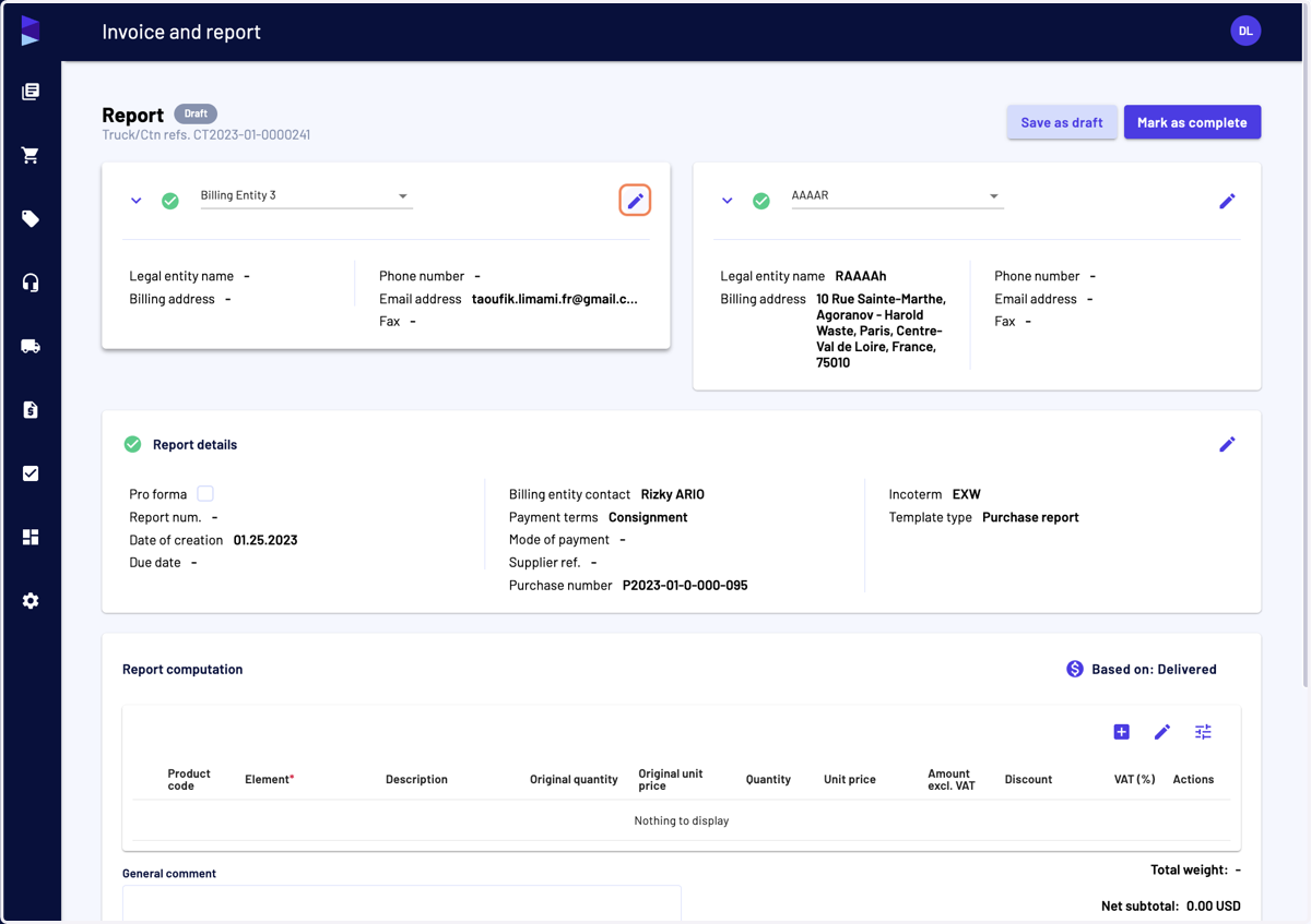 In the supplier payable generator, you can edit the billing entity details and the supplier details
