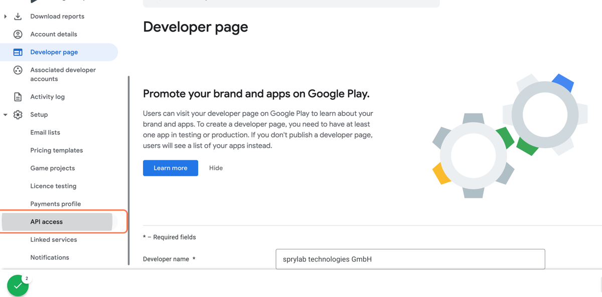 Click on 'API access' Click on 'API access'