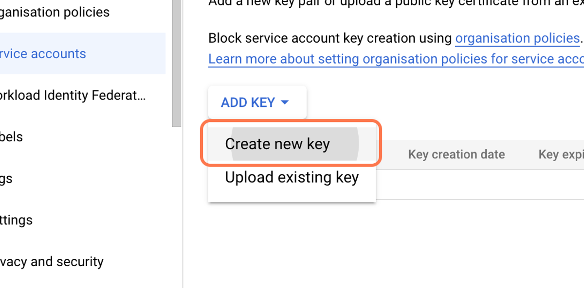 Click on 'Create new key' Click on 'Create new key'