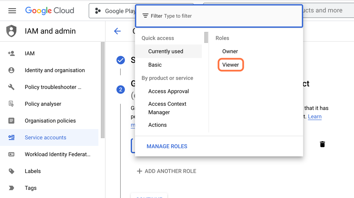 Choose a role, e.g. 'Viewer' Choose a role, e.g. 'Viewer'