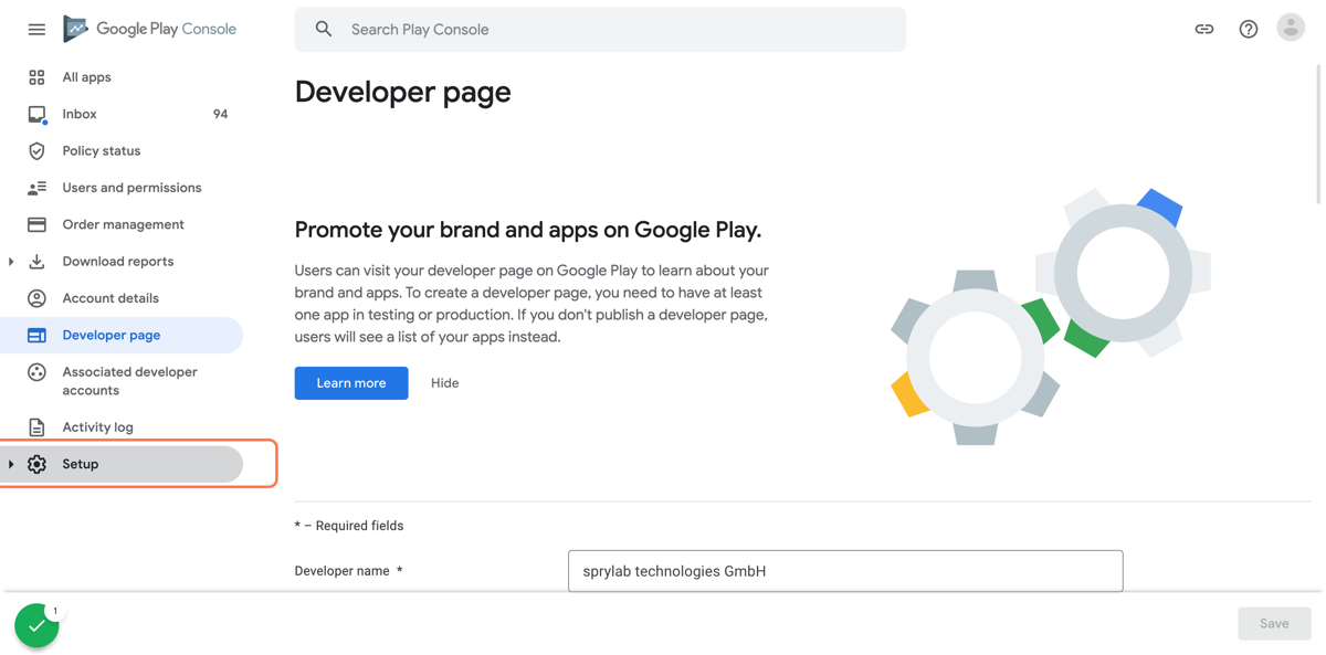 Go to the Google Play Console and click on 'Setup' Go to the Google Play Console and click on 'Setup'