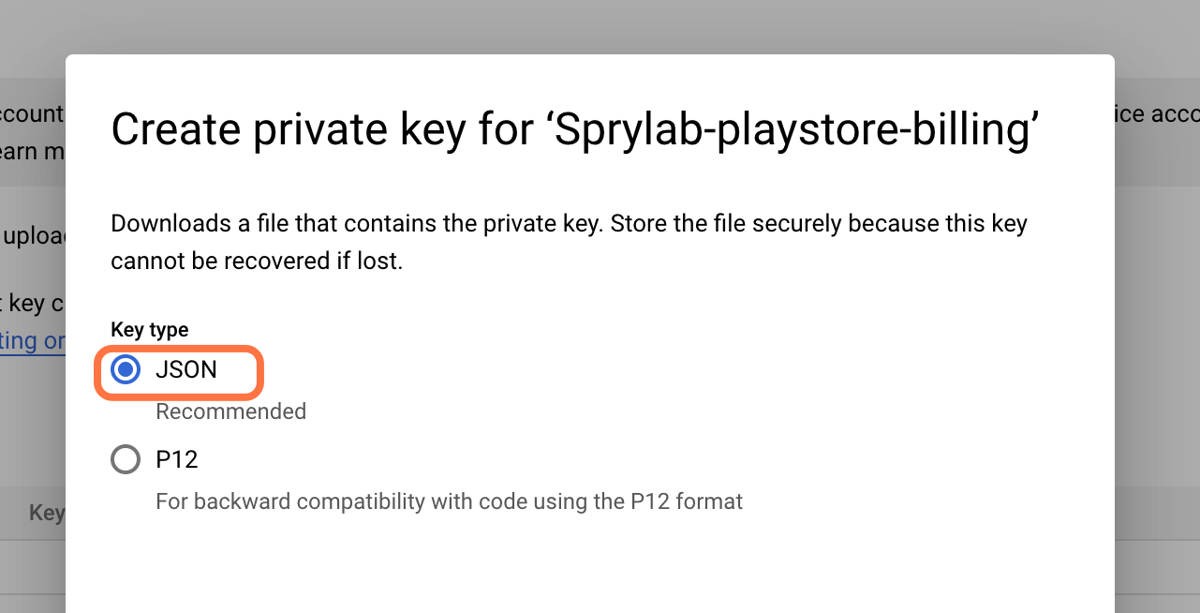 Below 'Key type' choose 'JSON' Below 'Key type' choose 'JSON'