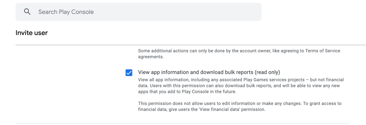 Next to 'View app information and download bulk reports' check the checkbox Next to 'View app information and download bulk reports' check the checkbox