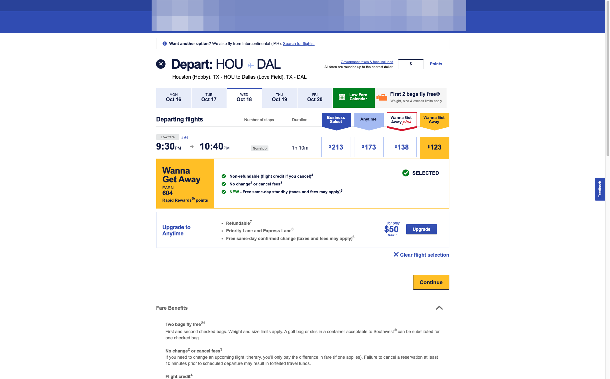 Select your flight, and click "Continue"