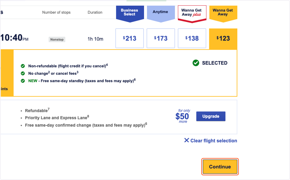 Select your flight, and click "Continue"