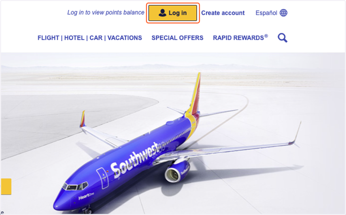 Click "Log In" in the top right to log in to your Southwest Account