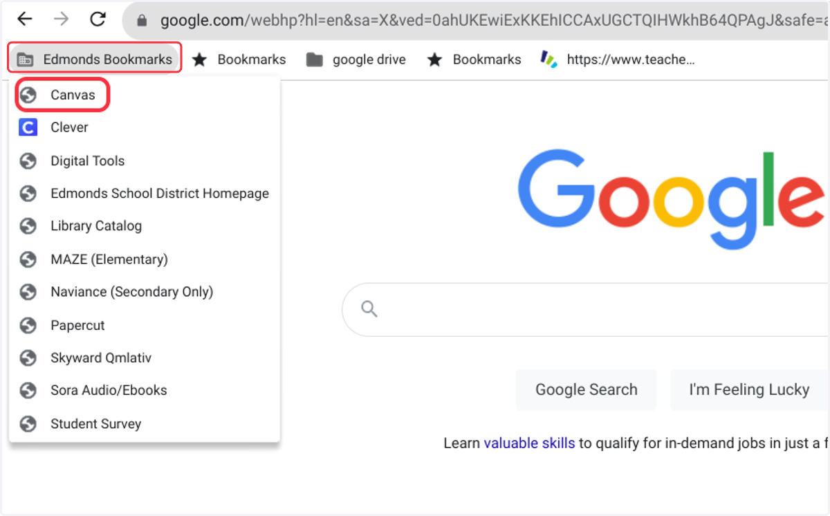 Edmonds Bookmarks dropdown menu with Canvas