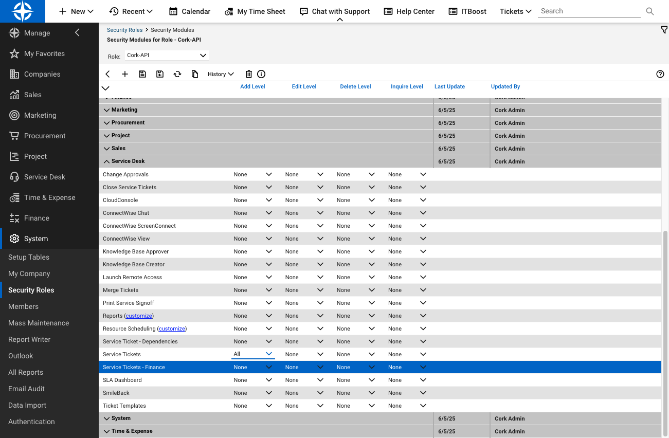 Select "All" for Service Tickets Edit Level