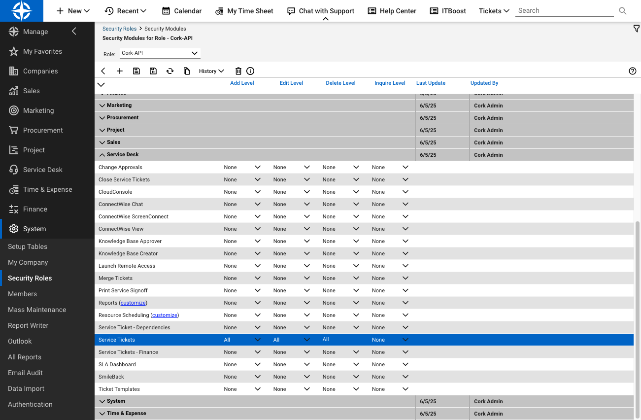 Select "All" for Service Tickets Inquire Level
