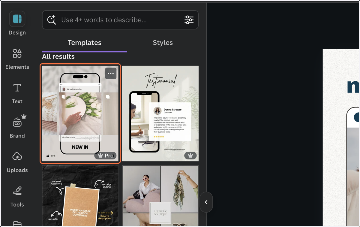 Click on Open template item page and browse