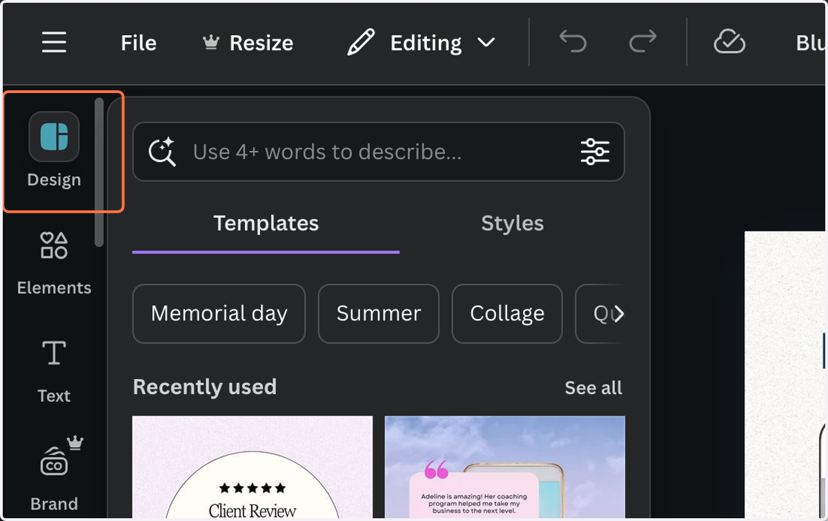 Click on Design