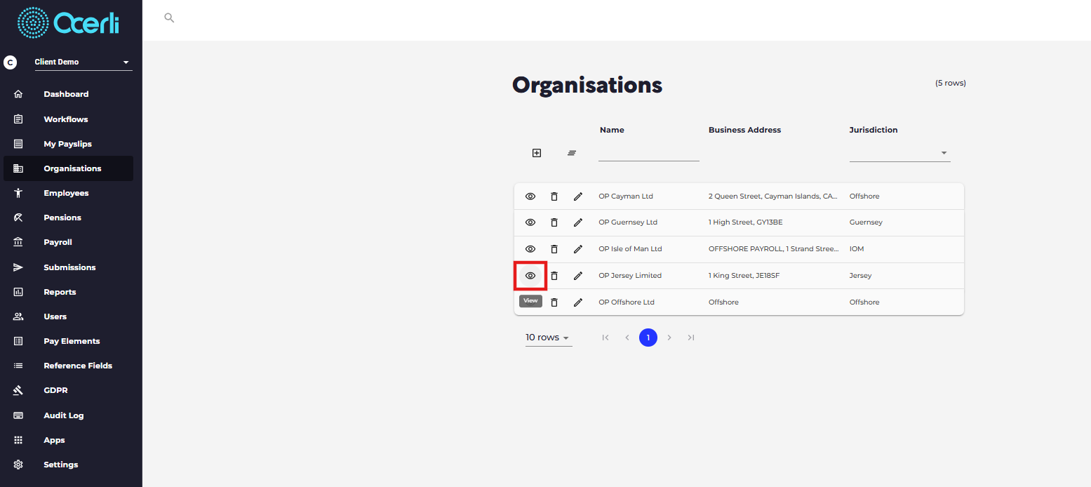 Open the relevant organisation