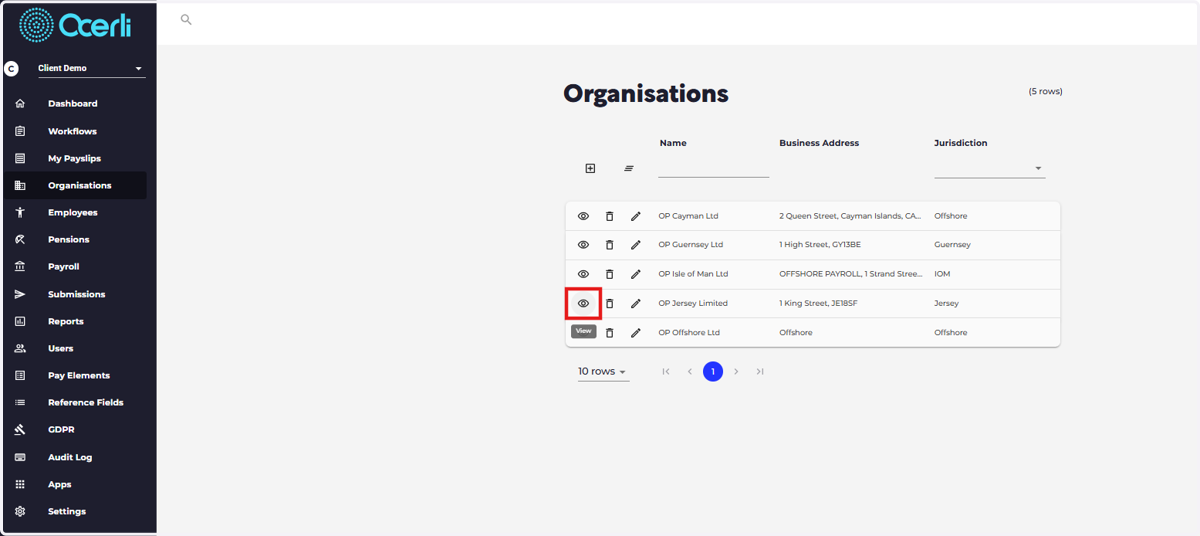 Open the relevant organisation