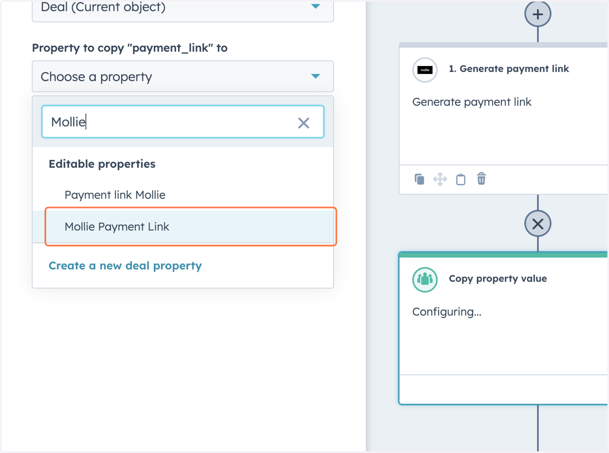 Select a Deal property where you want the value to be copied.